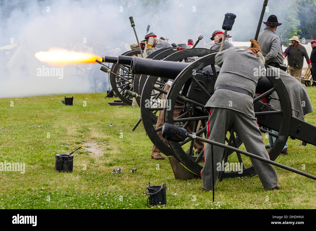 Confederate artillery unit cannon action during Thunder on the Roanoke Civil War reenactment in Plymouth, North Carolina, USA Stock Photo