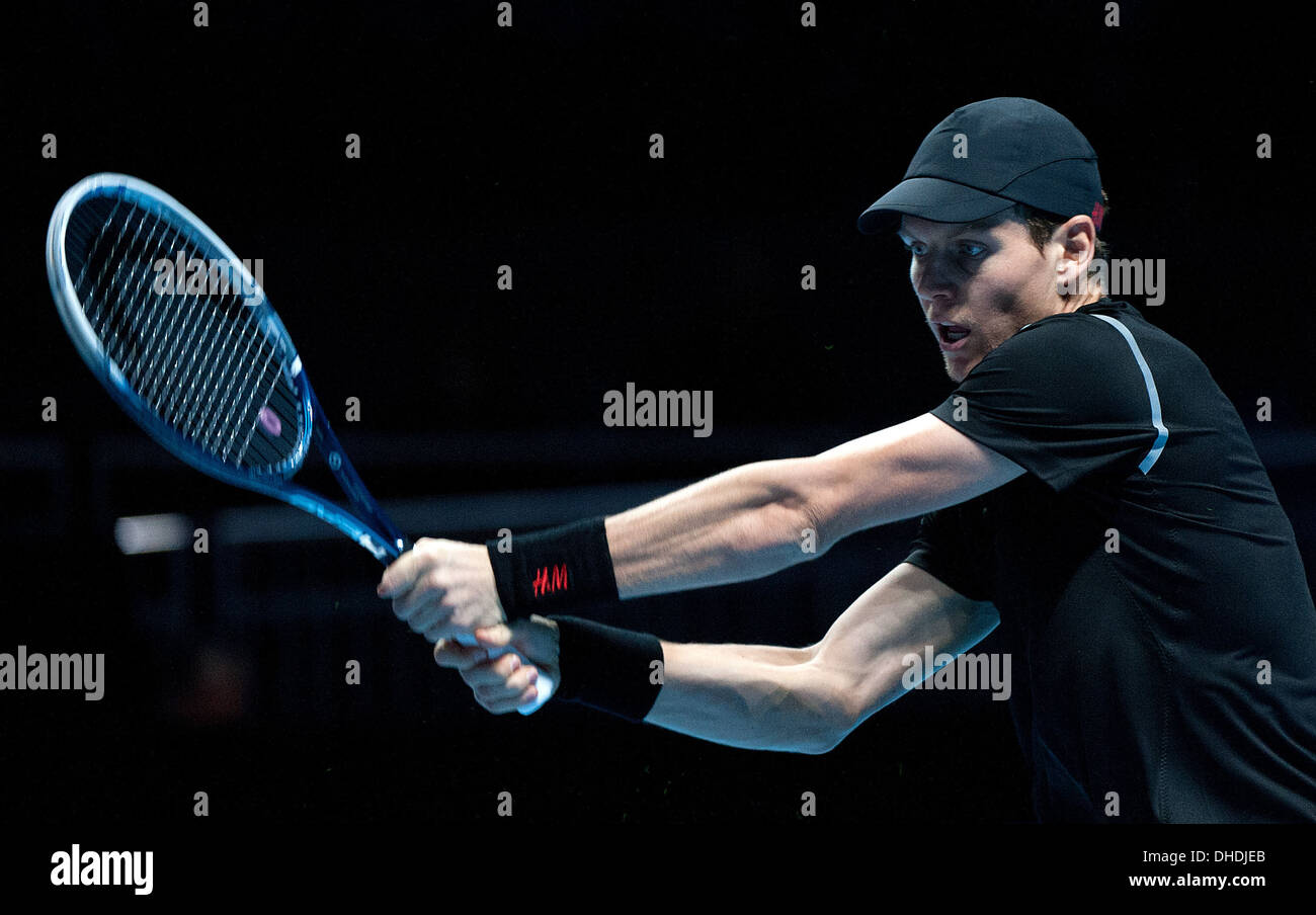 Tomas Berdych during the Barclays ATP World Tour singles match against David Ferrer. Stock Photo