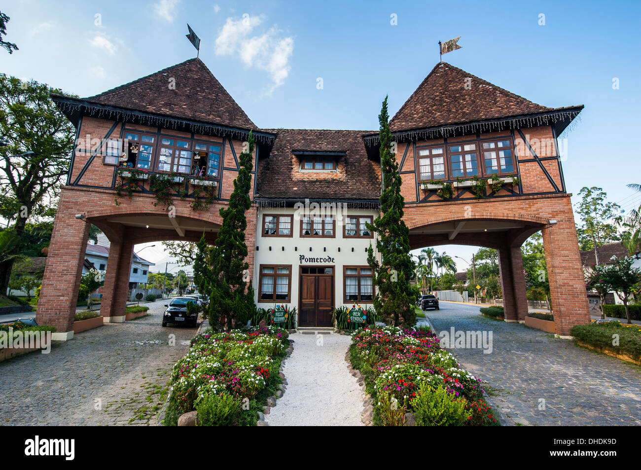 Town gate of the German speaking town of Pomerode, Brazil Stock Photo