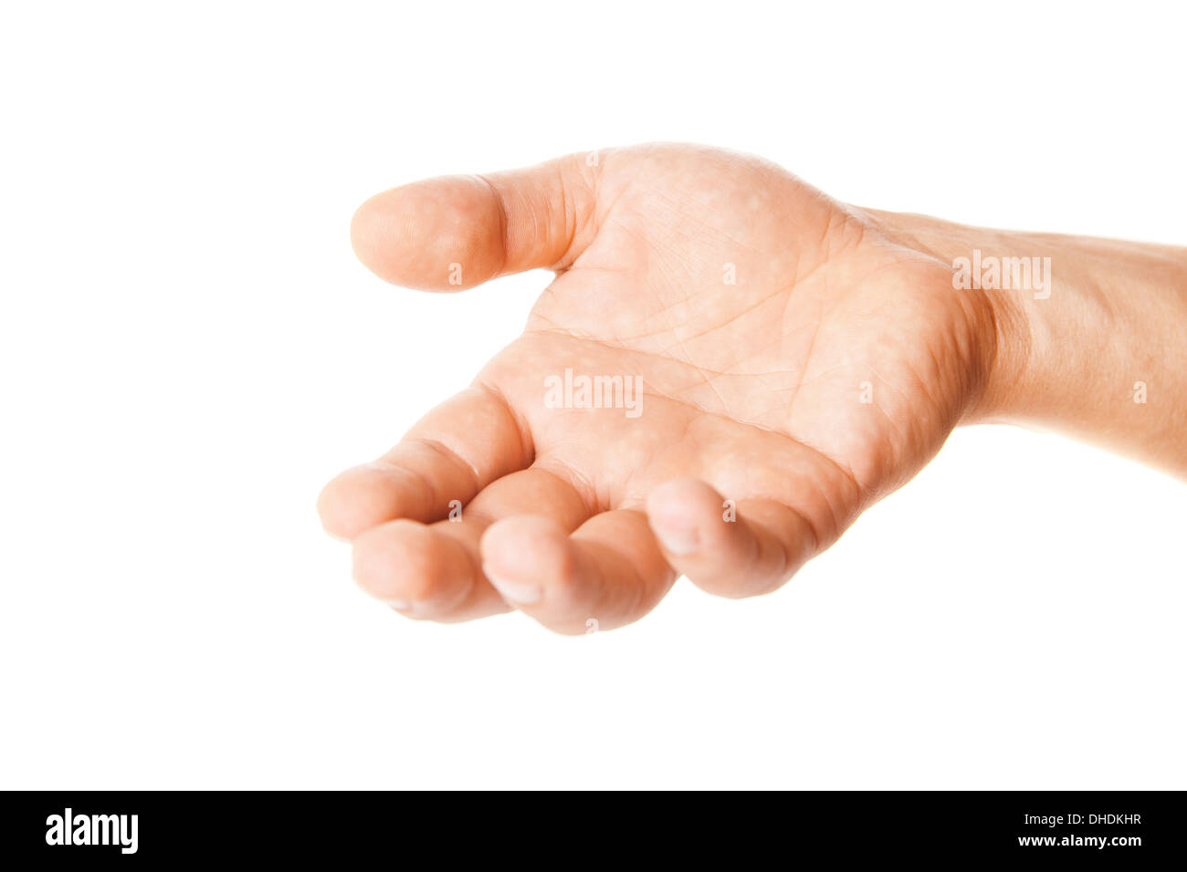 Open palm hand gesture of male hand. Isolated on a white background Stock Photo