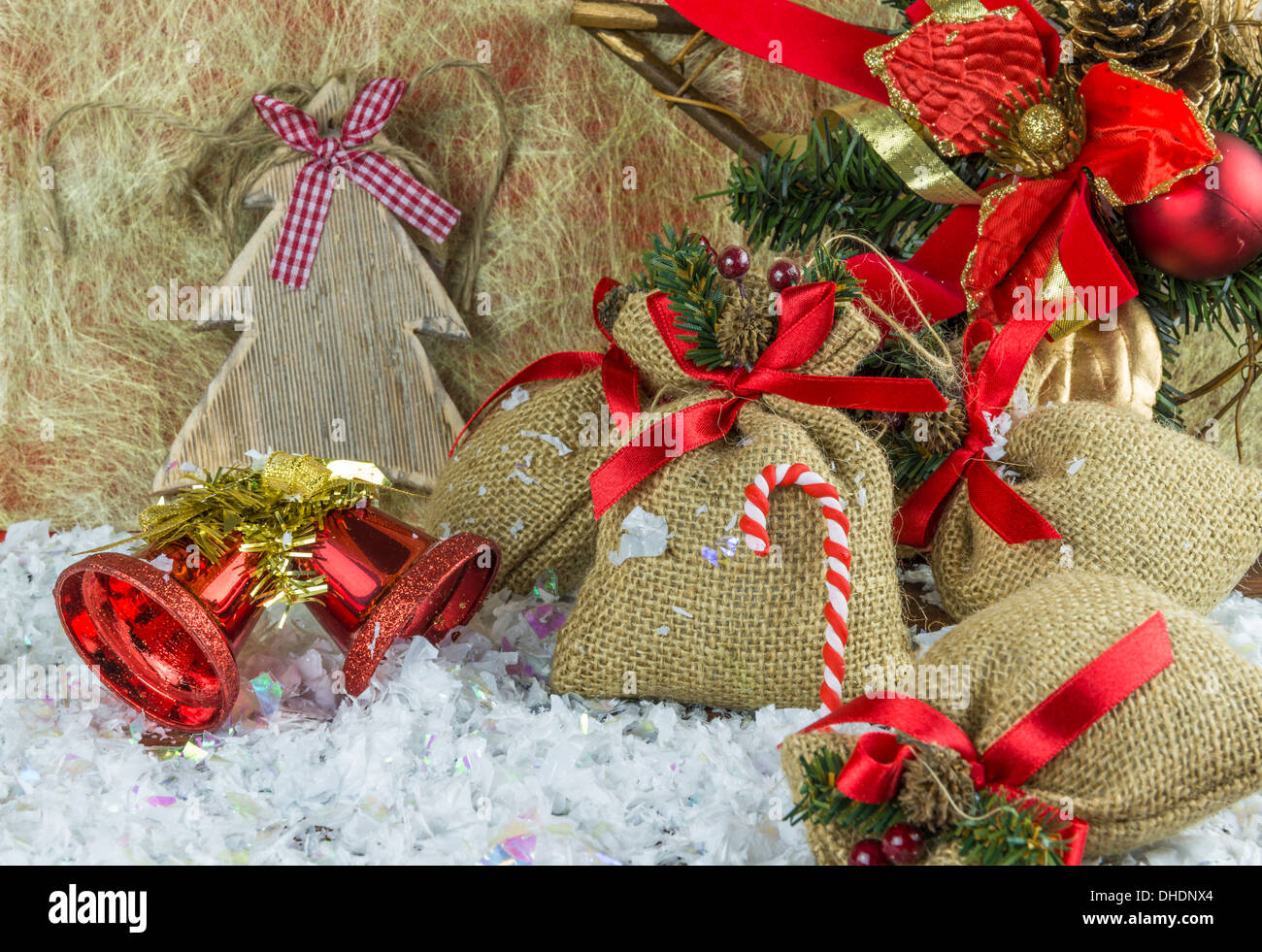 Rustic, vintage Christmas decorations on snow Stock Photo - Alamy