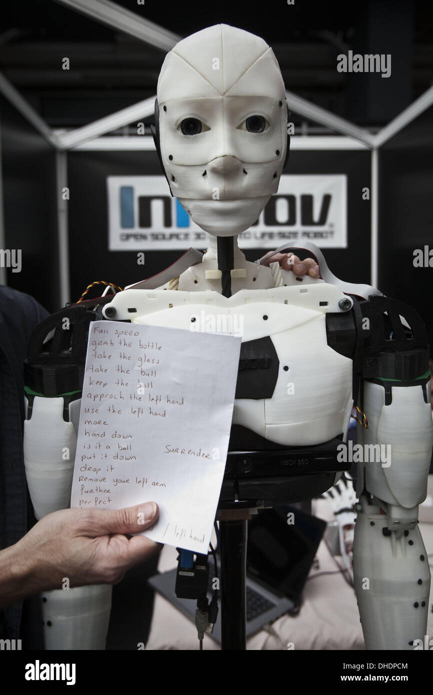 London, UK. 7th Nov, 2013. Open source 3D printed life-size robot by In  Moov company with a list of voice operation commands.As the 3D printing has  exploded into the public conscioussness this
