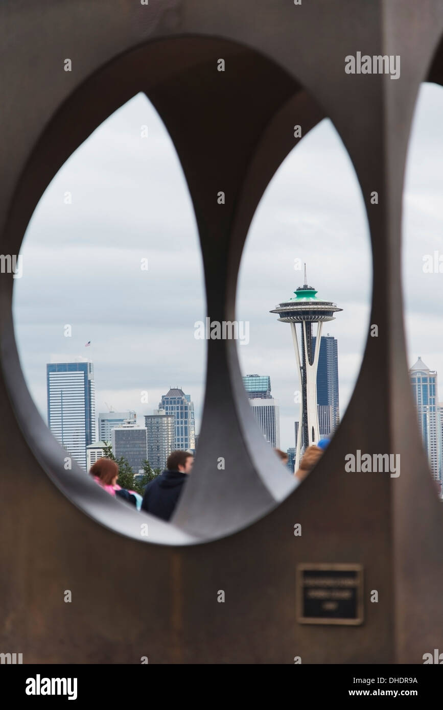 View Of The Space Needle And Other Downtown Buildings From A Window; Seattle, Washington, United States Of America Stock Photo