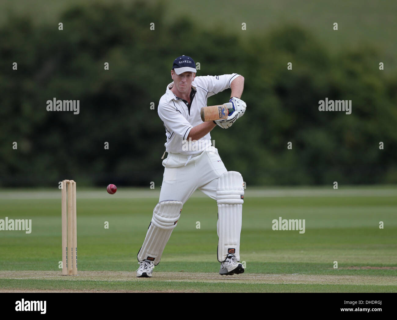 Actor Damian Lewis playing cricket for an Actors XI against the Authors CC at Wormsley Stock Photo