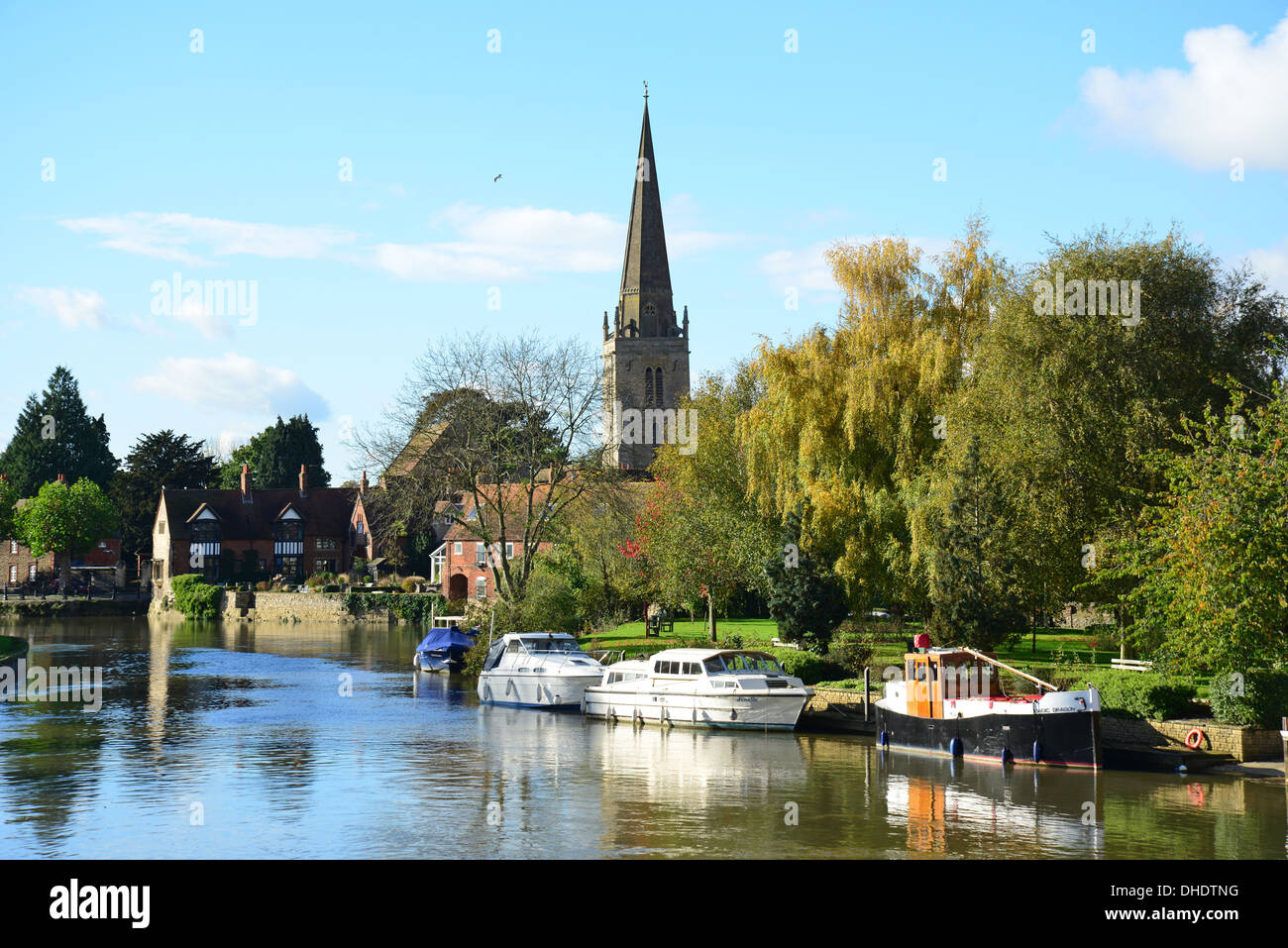 Nag's Head Island and St Helen's Church across River Thames, Abingdon-on-Thames, Oxfordshire, England, United Kingdom Stock Photo