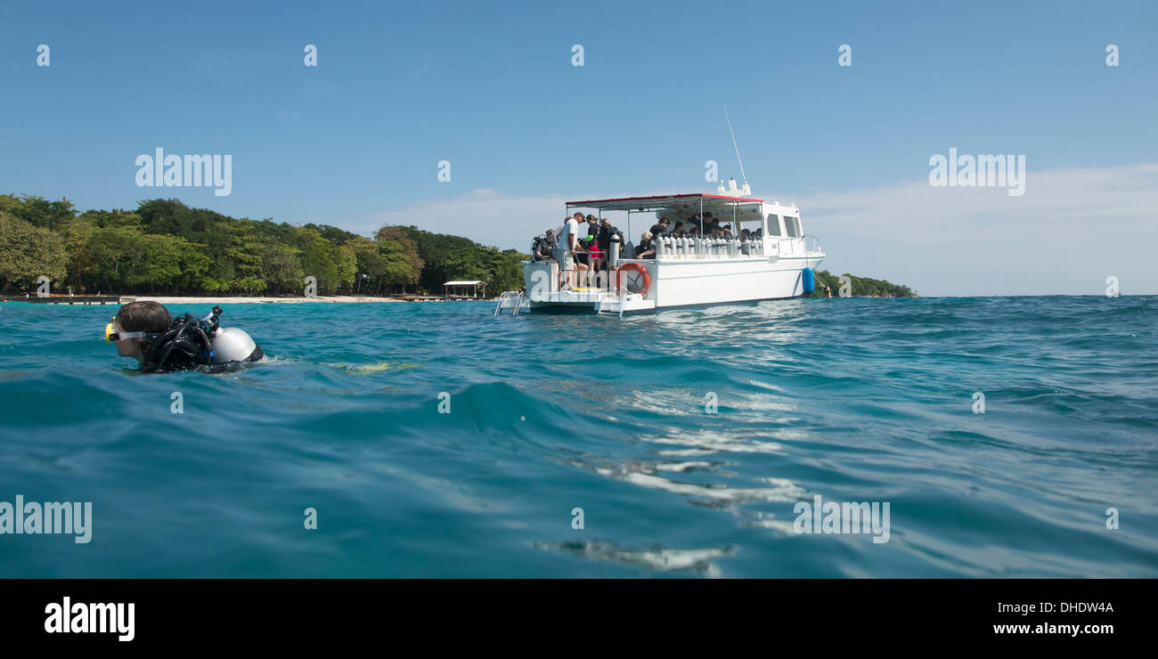 Scuba Diving From The Back Of A Boat; Utila Island, Honduras Stock