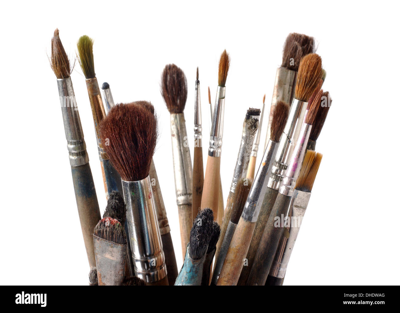 Assorted dirty old painting brushes Stock Photo