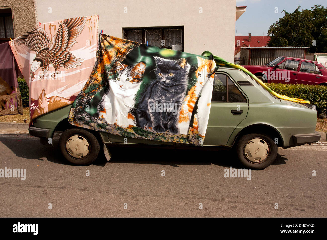 Skoda 120 as a sales booth, blankets with cats at the rural market village fair Czech Republic Stock Photo