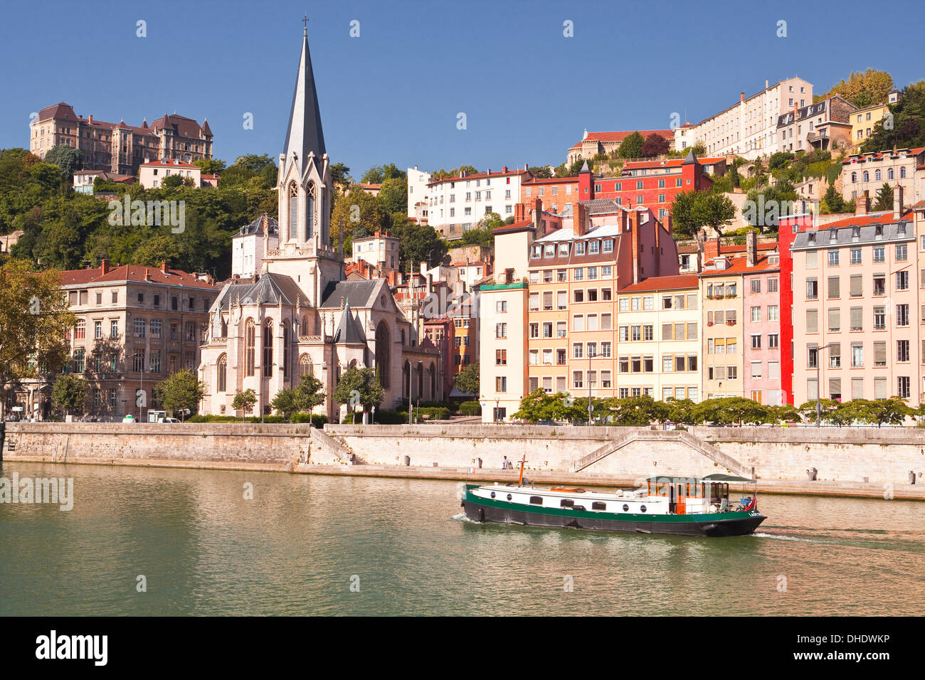 Eglise Saint George and Vieux Lyon on the banks of the River Saone, Lyon, Rhone, Rhone-Alpes, France, Europe Stock Photo