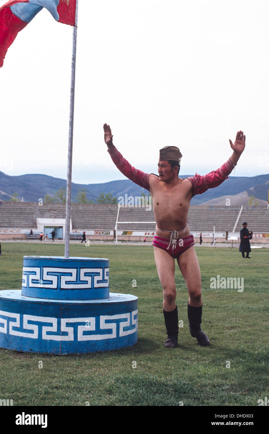 Mongolian wrestler after winning a match in Ulan Bator. Ulaanbaatar Stock Photo