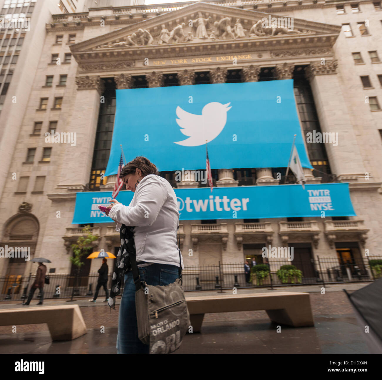 The New York Stock Exchange is decorated for Twitter's initial public offering (IPO) in Lower Manhattan in New York on Thursday, November 7, 2013. The stock surged to $45.10 a share opening at $26.00.   (© Richard B. Levine) Stock Photo