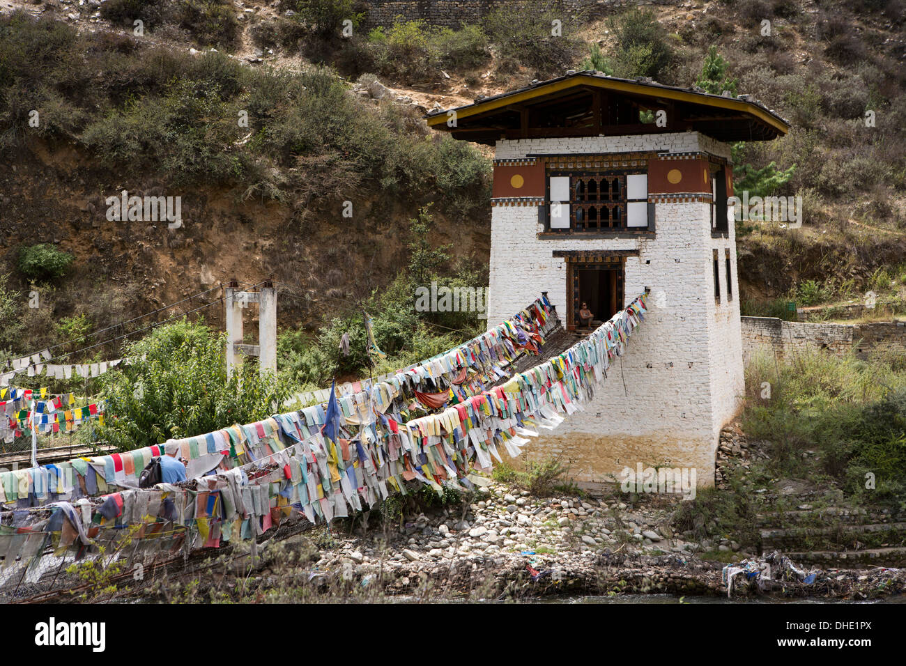 Bhutan, Paro Valley, Tachog Lhakang Dzong bridge, originally built by Thangtong Gyalpo, covered in prayer flags Stock Photo