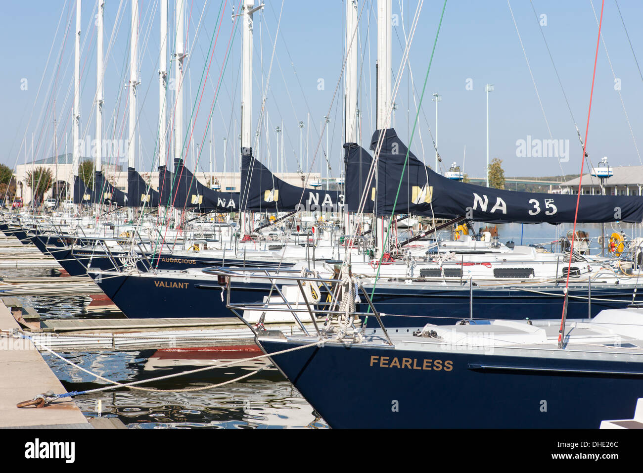 US Navy 44 foot sail training craft (Navy 44s) docked in Santee Basin at the US Naval Academy in Annapolis, Maryland. Stock Photo