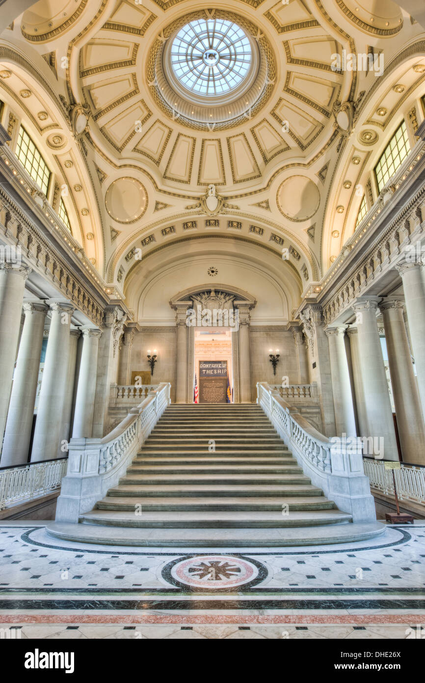 The stairs leading to Memorial Hall inside Bancroft Hall located at the US Naval Academy in Annapolis, Maryland. Stock Photo