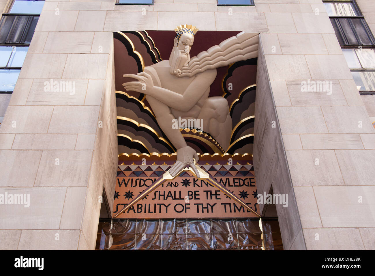 Statue of wisdom and knowledge, GE building, Rockefeller Center, Manhattan, New York City, United States of America. Stock Photo