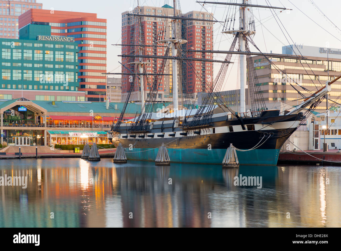 The historic sloop-of-war USS Constellation anchored in the Inner Harbor in Baltimore, Maryland. Stock Photo
