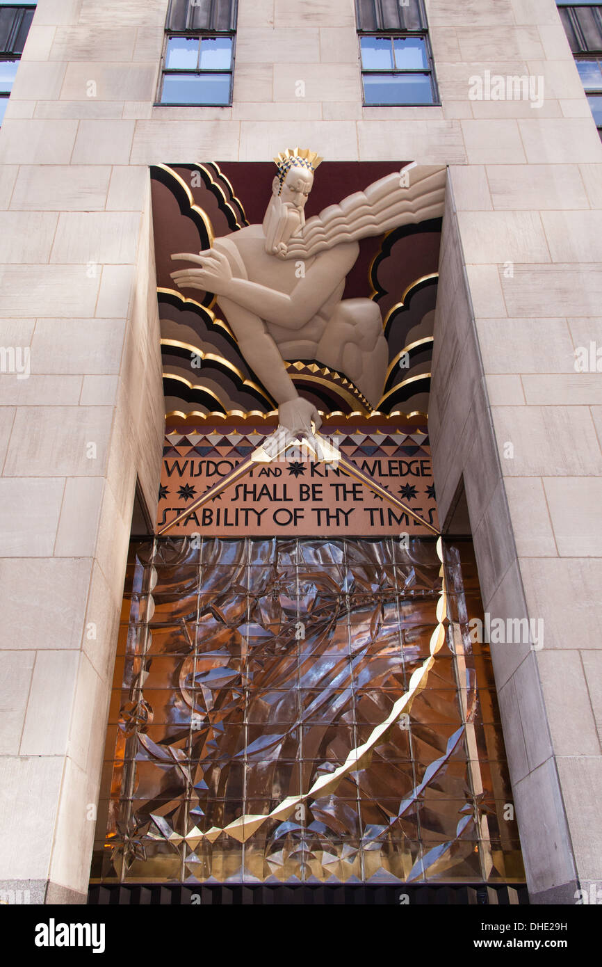 Statue of Wisdom and Knowledge, GE building, Rockefeller Center, Manhattan, New York City, United States of America. Stock Photo