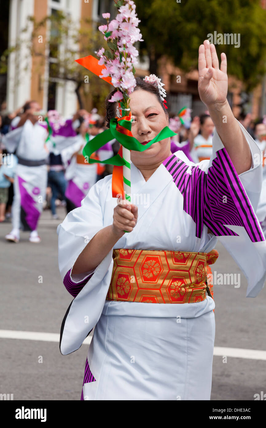 Female Japanese-American dancers in kimono at Obon summer festival - San Francisco, California USA Stock Photo