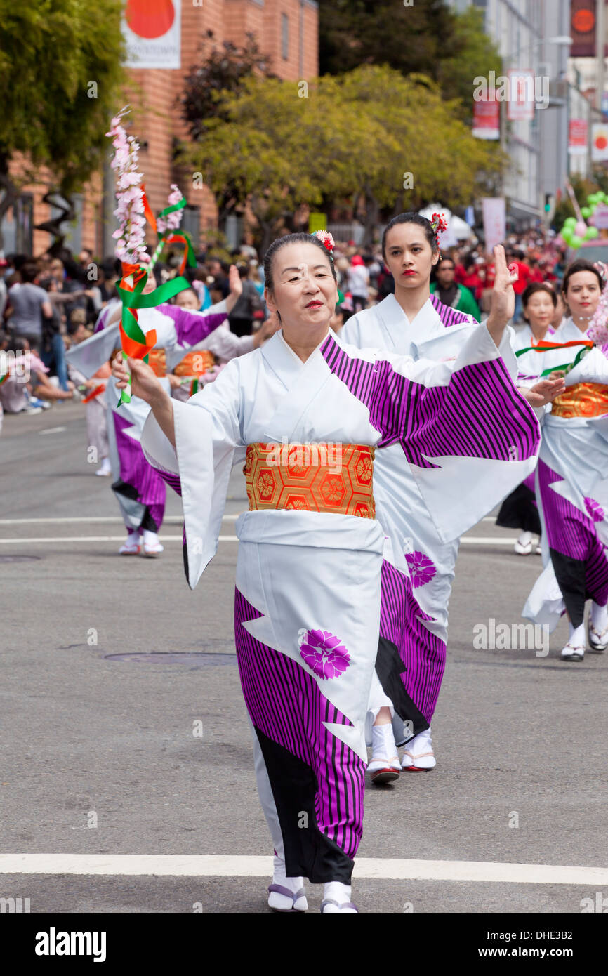 Female Japanese-American dancers in kimono at Obon summer festival - San Francisco, California USA Stock Photo