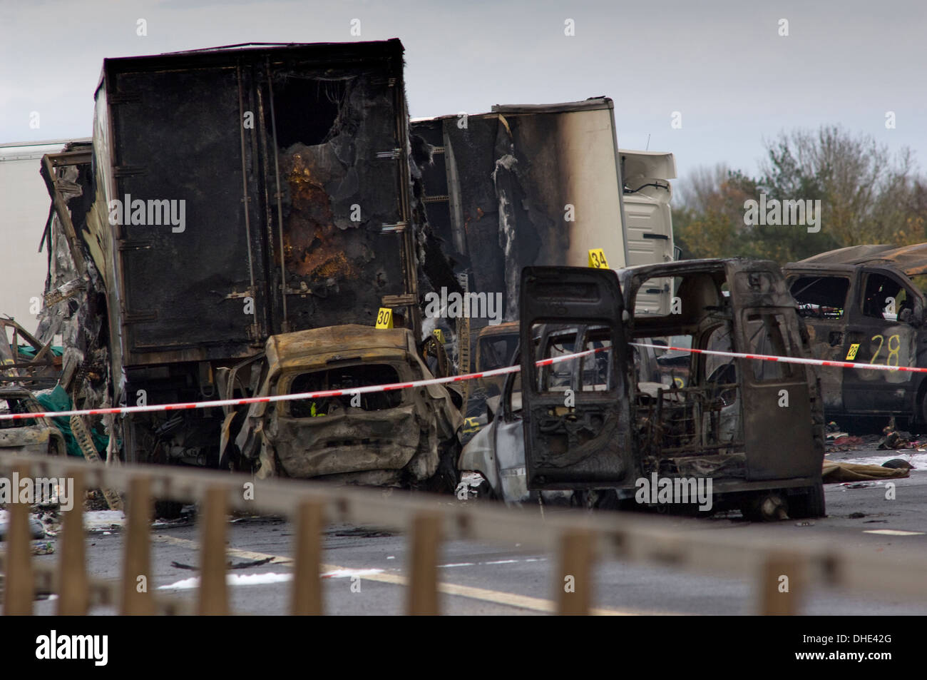 M5 motorway vehicle accident and crash and fire,involving 34 cars,vans and lorries, Somerset,UK,in which 7 people died in fog. Stock Photo
