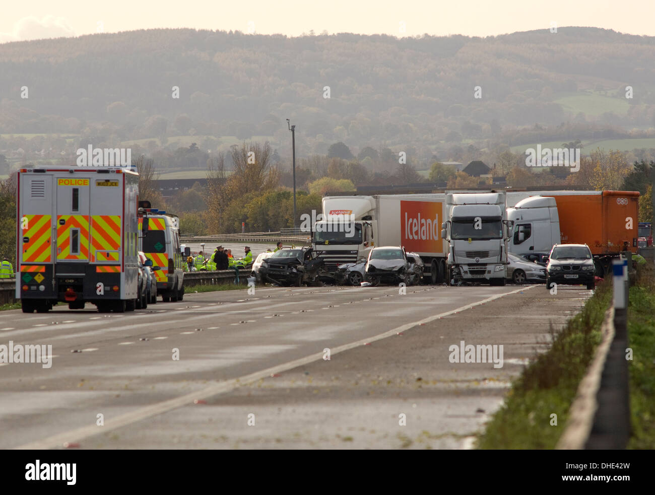 M5 motorway vehicle accident and crash and fire,involving 34 cars,vans and lorries, Somerset,UK,in which 7 people died in fog. Stock Photo
