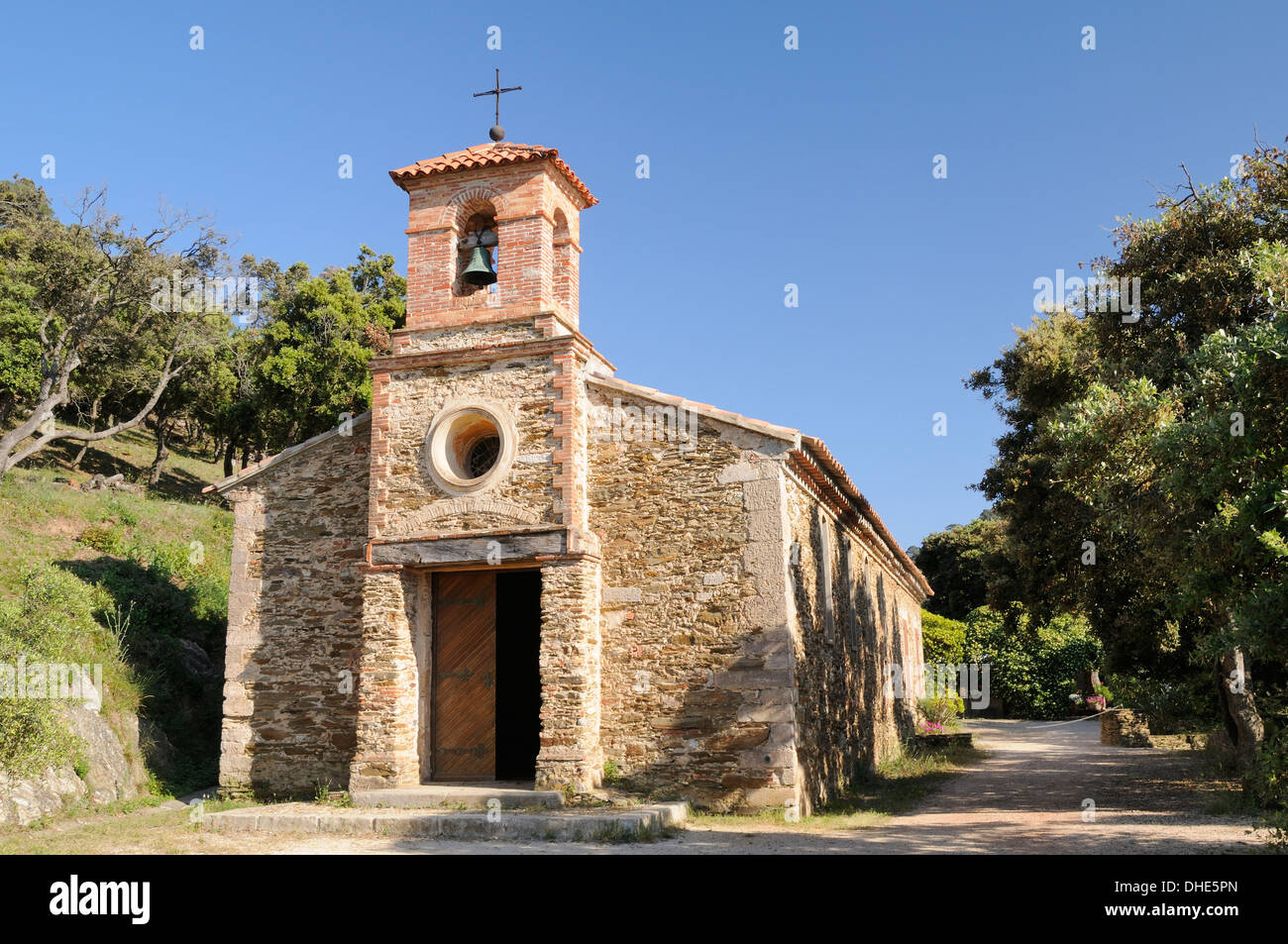 Old chapel with Bell tower on Port Cros Island National Park, Hyeres archipelago, France. Stock Photo
