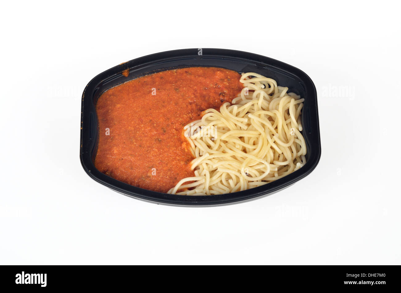 Cooked tray of frozen spaghetti and meat sauce Stock Photo