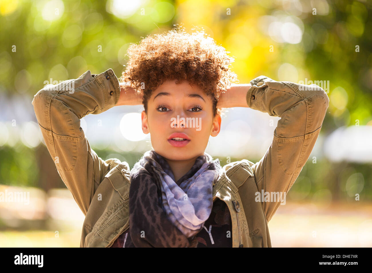 Autumn outdoor portrait of beautiful African American young woman ...