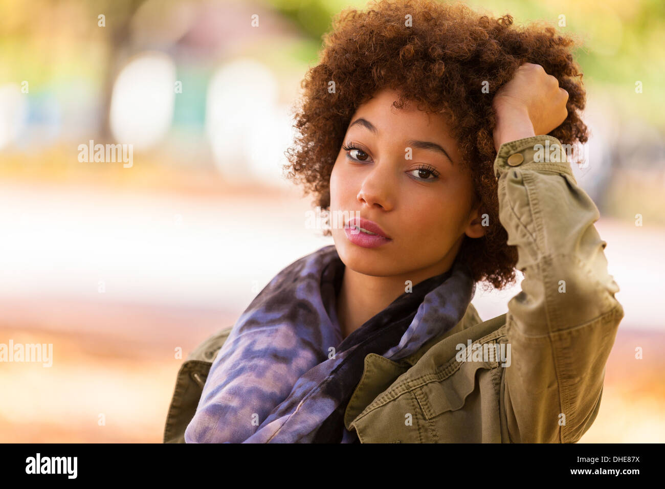 Autumn outdoor portrait of beautiful African American young woman ...