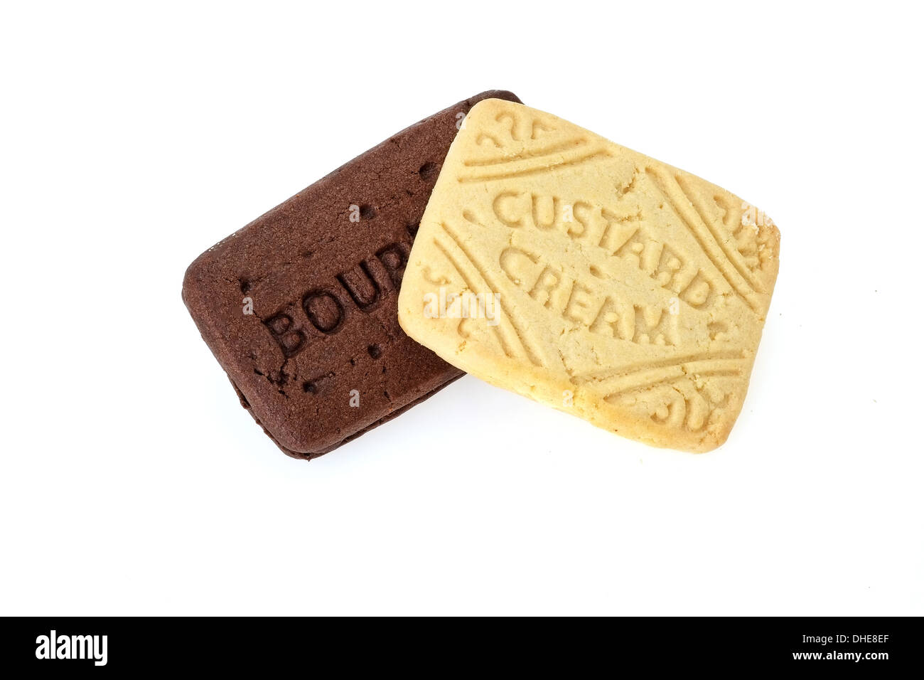 Chocolate bourbon biscuit and custard cream - studio shot with a white background Stock Photo