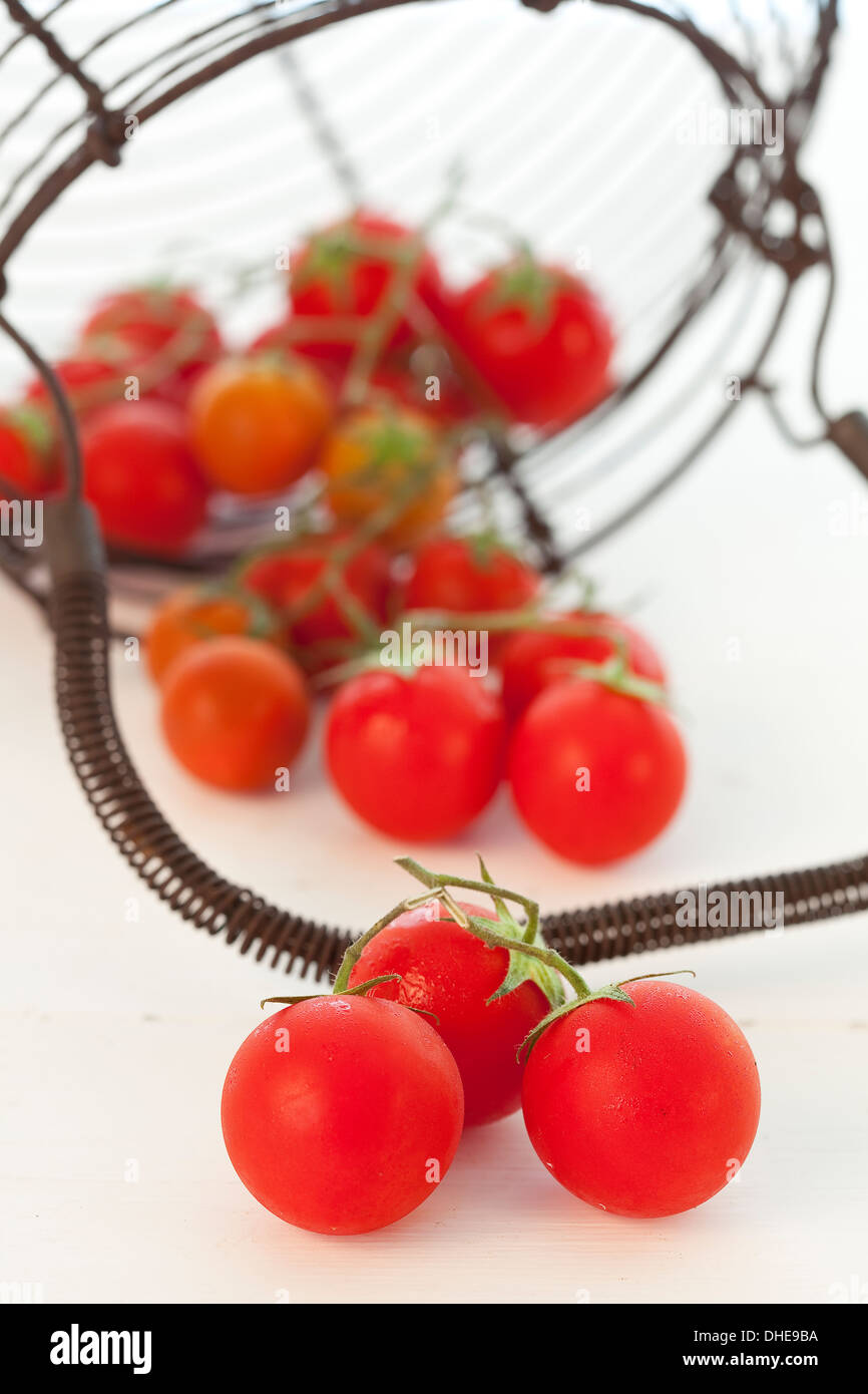 Bunches of cherry truss tomatoes on a white table surface. Stock Photo