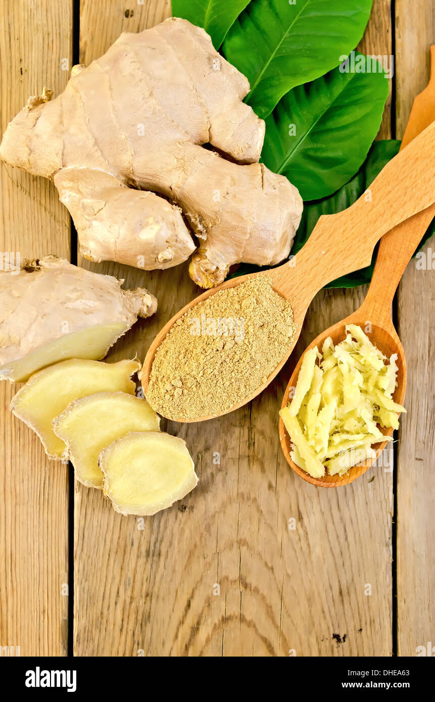 Grated and ground ginger in two wooden spoons, ginger root, green