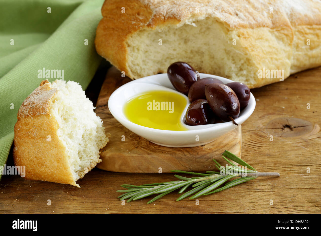 still life in the Italian style ciabatta bread, olive and oil Stock