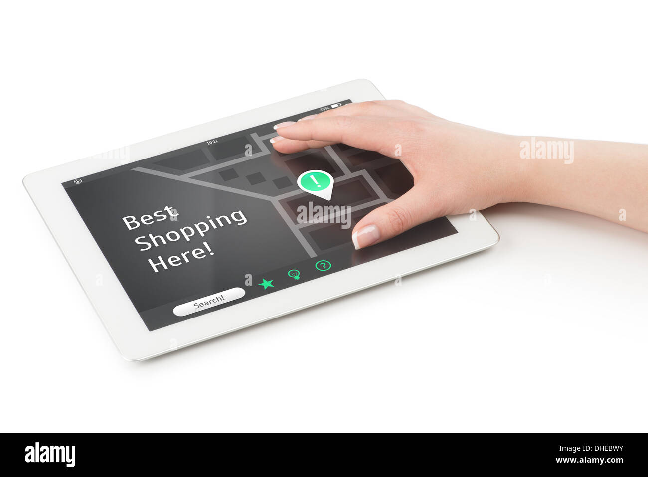 Woman's hand over a tablet computer extending fingers. There is a map on the screen with points of interest and the inscription Stock Photo