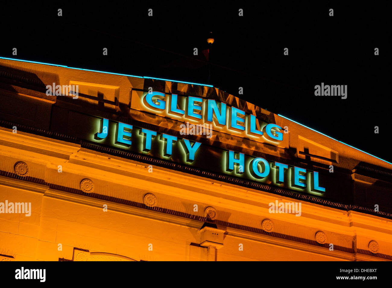 Glenelg Jetty Hotel facade at night in Jetty road near Moseley Square