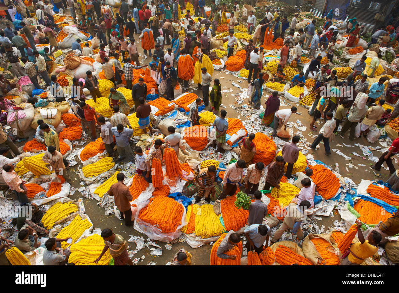 Mullik Ghat flower market, Kolkata (Calcutta), West Bengal, India, Asia