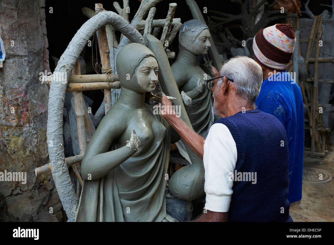 India, West Bengal, Kolkata, Calcutta, Kumartulli district, clay idols of Hindu gods and goddesses, statue Stock Photo