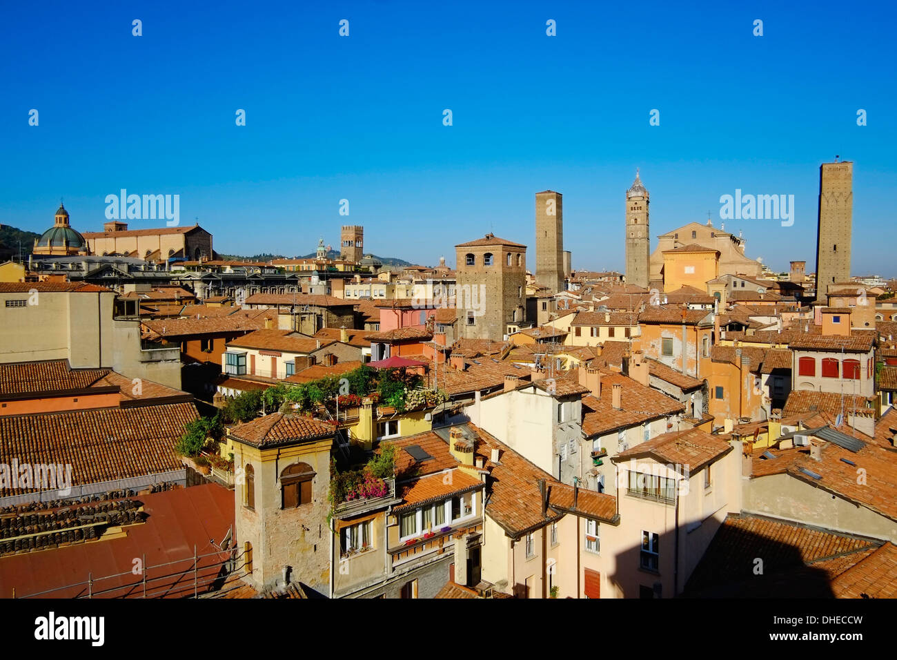 Cityscape with the towers of the town, Bologna, Emilia-Romagna, Italy, Europe Stock Photo