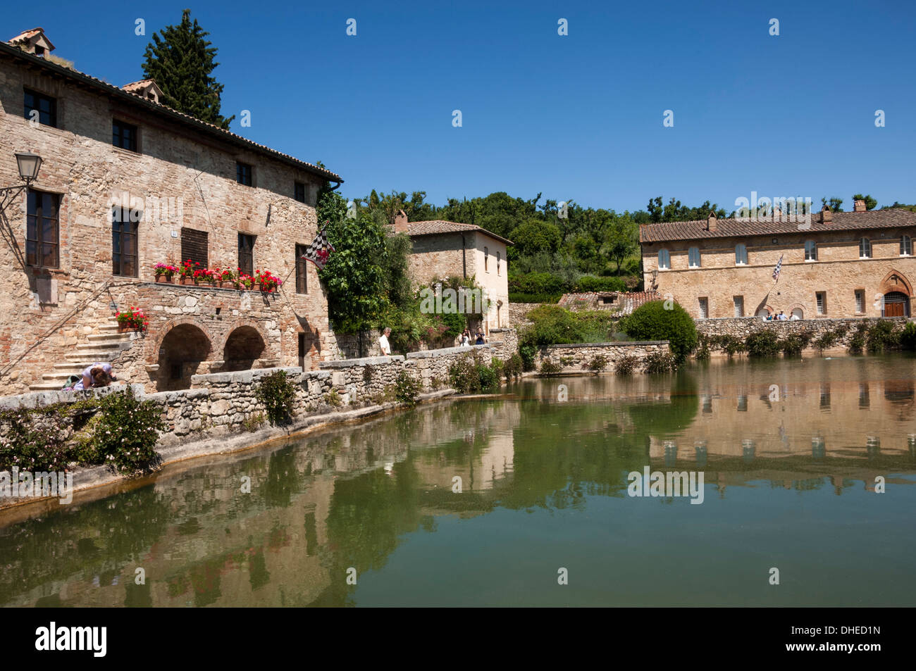 Thermal spring in the village of Bagno Vignoni, now unfit for bathing, Val d'Orcia, Tuscany, Italy, Europe Stock Photo