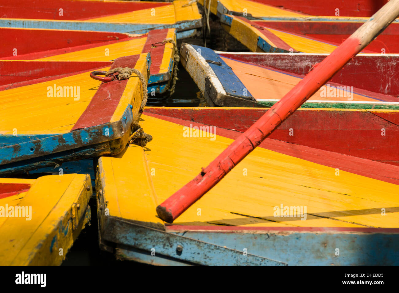 Close up of the colourful wooden boats at the Floating Gardens in