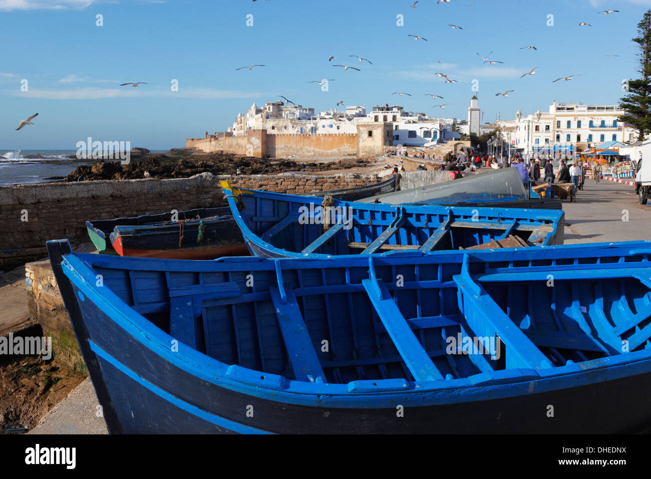 View over the fishing harbour to the ramparts and medina, Essaouira, Atlantic coast, Morocco, North Africa, Africa Stock Photo