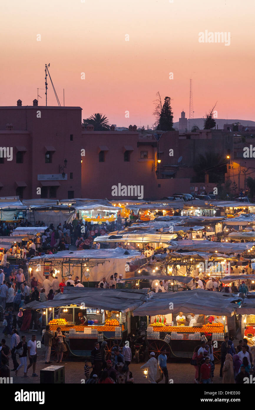 Food stalls in the Jemaa El Fna at sunset, Marrakesh, Morocco, North Africa, Africa Stock Photo