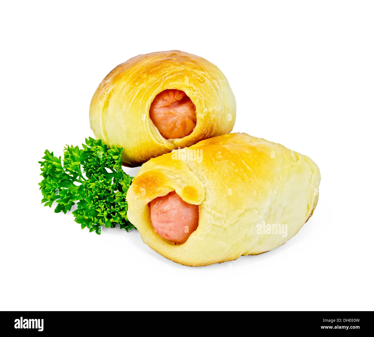 Two sausage rolls, parsley isolated on white background Stock Photo