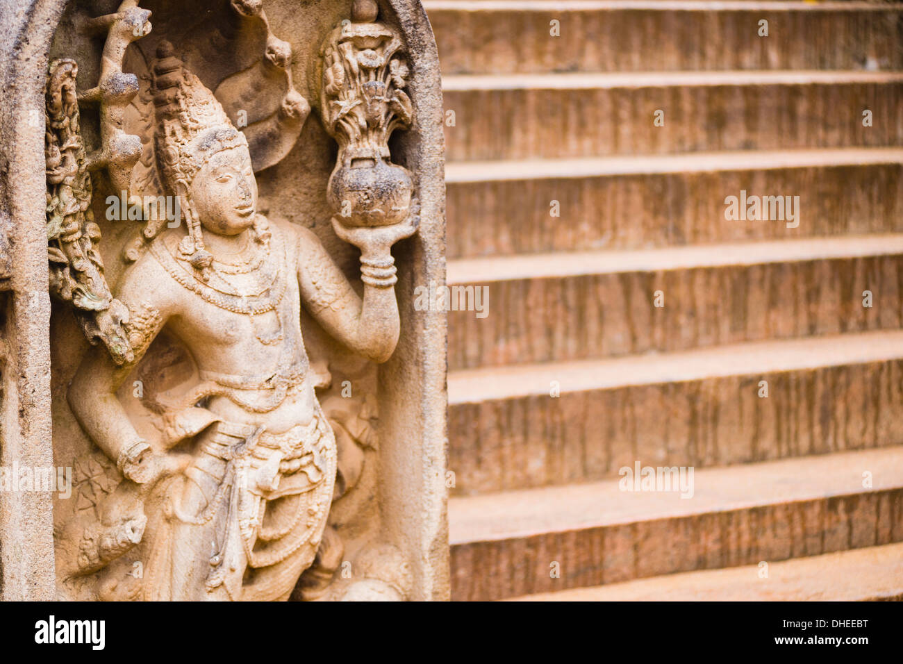 Guardian statue carving at Sri Maha Bodhi in the Mahavihara (The Great Monastery), Anuradhapura, UNESCO, Sri Lanka Stock Photo