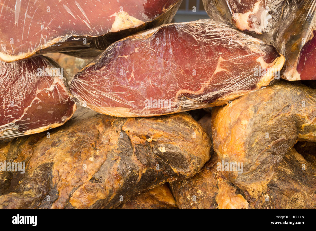 Full frame take of pieces of Spanish serrano ham for sale on a ...