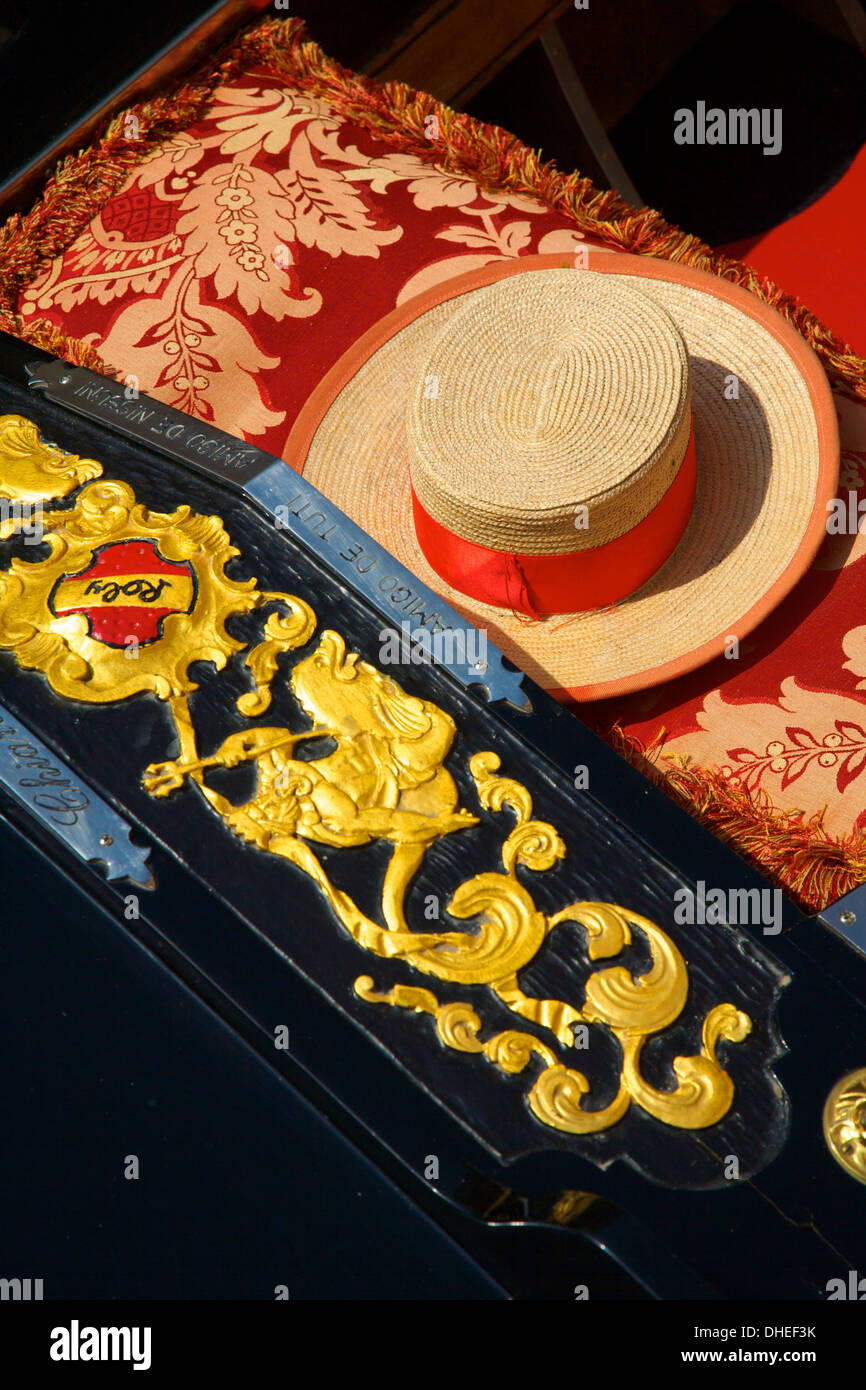 Detail of gondola and gondolier's hat, Venice, Veneto, Italy, Europe Stock Photo