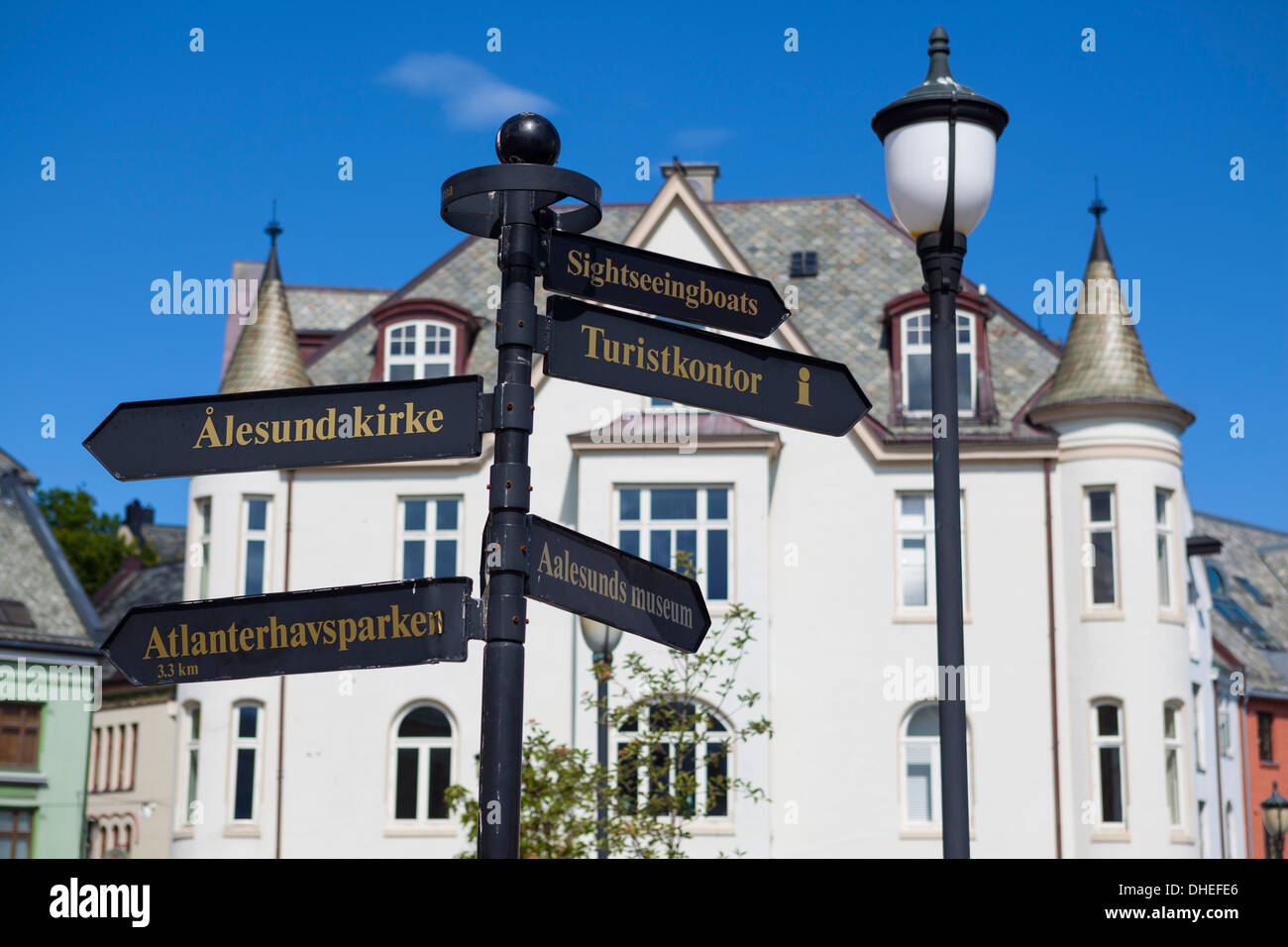 Jugendstil architecture and street sign, Alesund, Sunnmore, More og Romsdal, Norway, Scandinavia, Europe Stock Photo