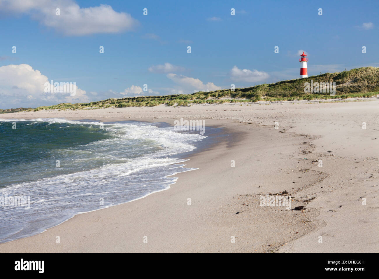 Beach and lighthouse List Ost, Ellenbogen, Sylt, North Frisian Islands, Nordfriesland, Schleswig Holstein, Germany, Europe Stock Photo