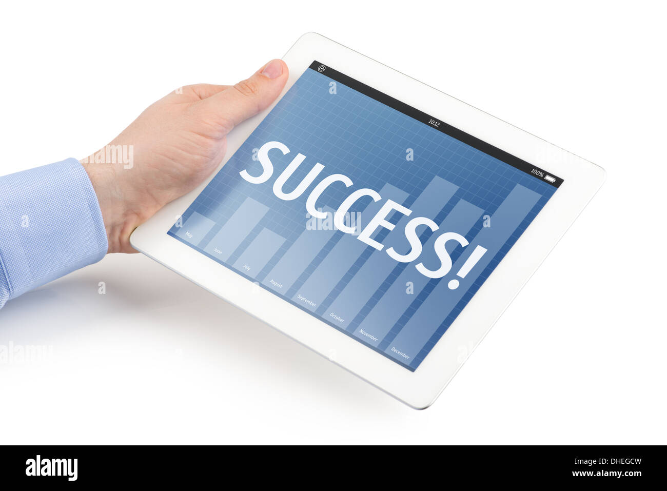 Man's left hand holding a tablet computer with business interface on the screen, isolated on a white background. Stock Photo
