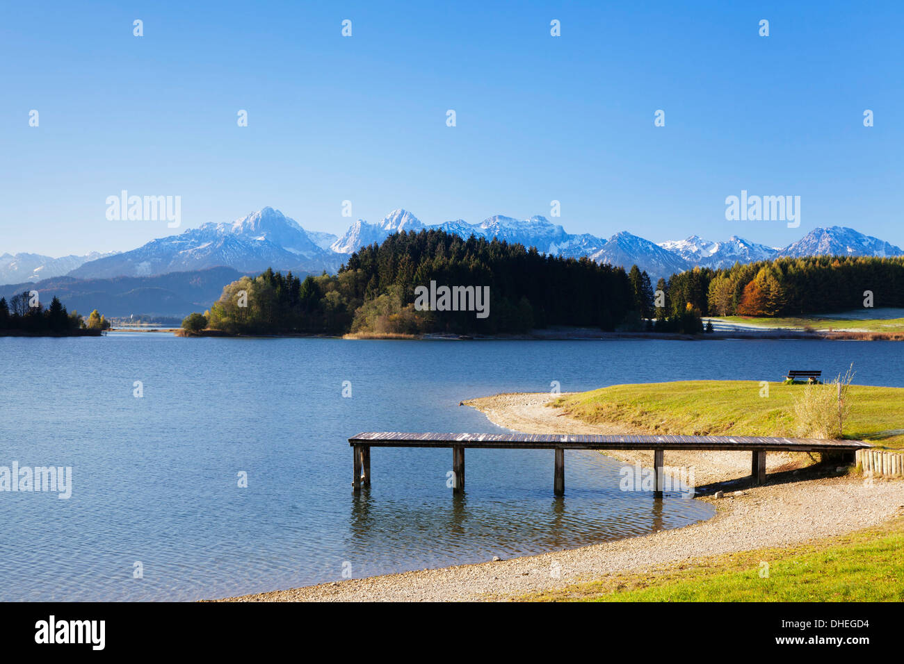 Jetty at Forggensee Lake and Allgau Alps, Fussen, Ostallgau, Allgau, Allgau Alps, Bavaria, Germany, Europe Stock Photo